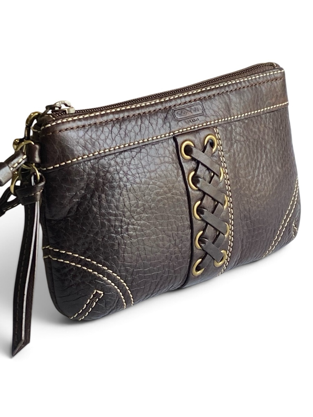 Coach Laced Corset Woven Chelsea Dark Brown Leather Wristlet Y2K - Picture 1 of 14